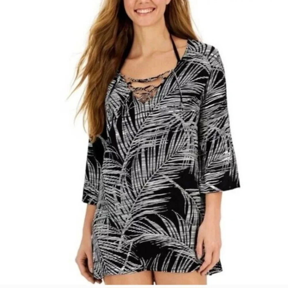 Black and White Tropical Leaf Swim Cover-Up - Picture 1 of 2